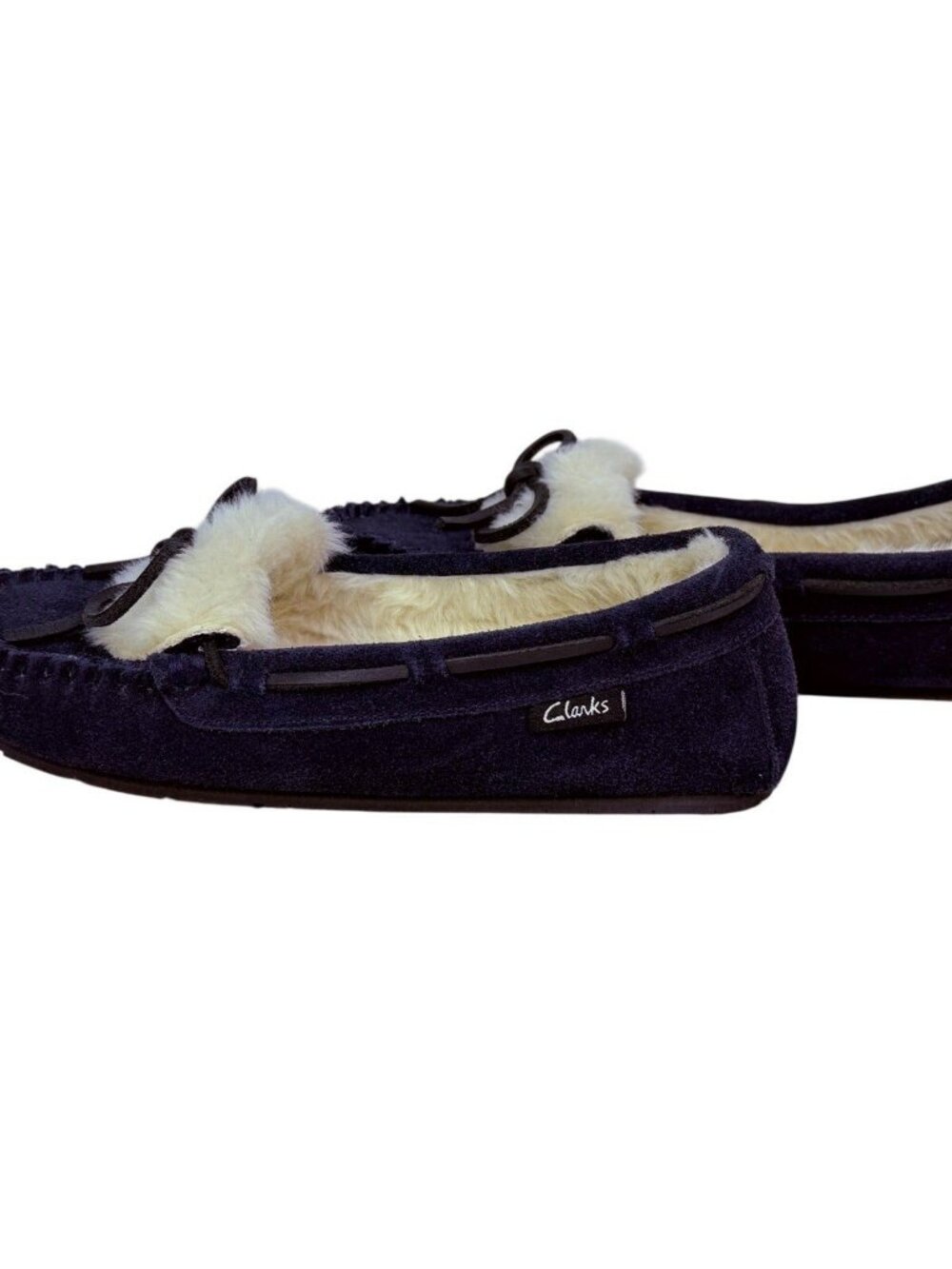 Clarks Holly Folded Tongue Navy Moccasin Slipper Faux Fur Lining Women's 7 M - Picture 5 of 8
